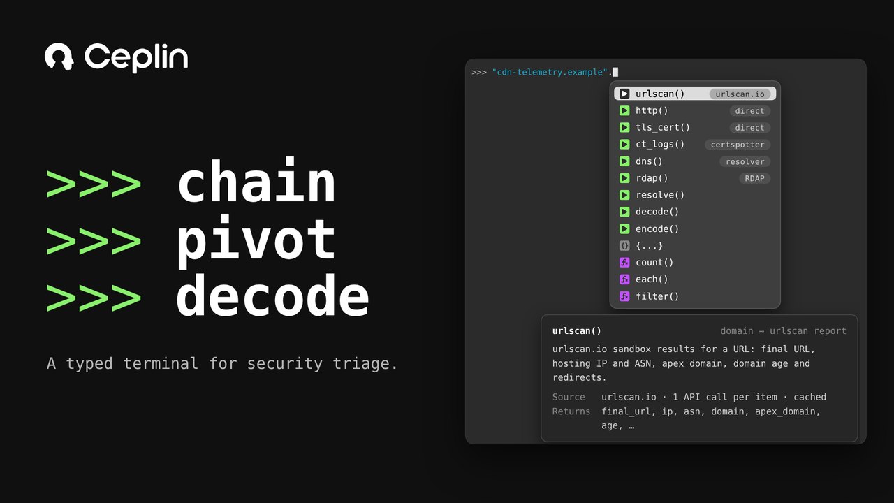 Ceplin: chain, pivot, decode. The terminal offering the lookups that fit a domain.